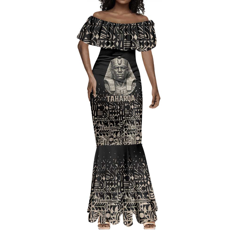 Taharqa Mermaid Dress with Black Pharaoh Portrait, 25th Dynasty of Egypt Text and Nubian-Inspired - Wonder Print Shop