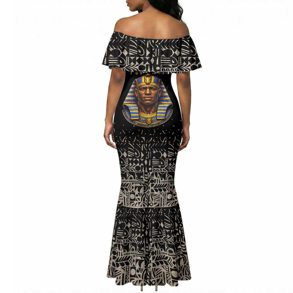 Taharqa Mermaid Dress with Black Pharaoh Portrait, 25th Dynasty of Egypt Text and Nubian-Inspired - Wonder Print Shop