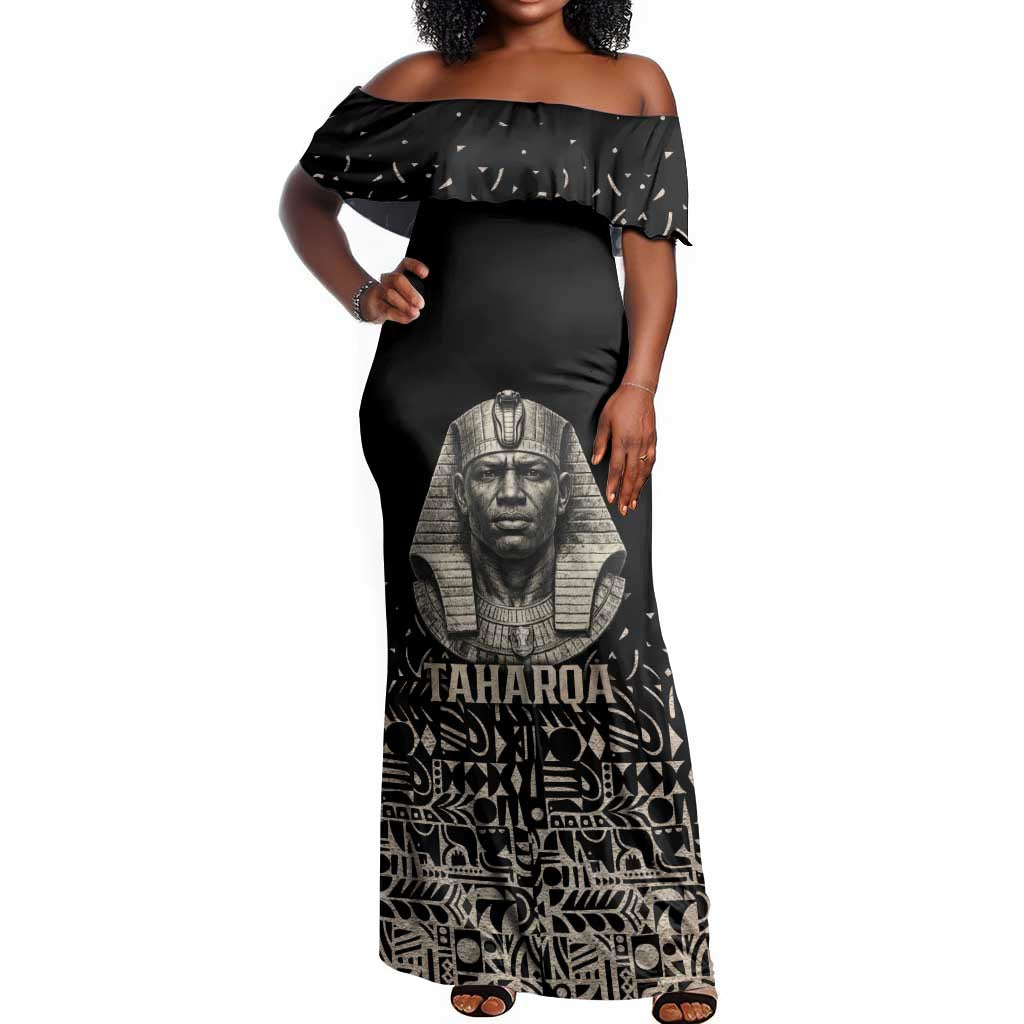Taharqa Off Shoulder Maxi Dress with Black Pharaoh Portrait, 25th Dynasty of Egypt Text and Nubian-Inspired - Wonder Print Shop