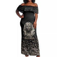 Taharqa Off Shoulder Maxi Dress with Black Pharaoh Portrait, 25th Dynasty of Egypt Text and Nubian-Inspired - Wonder Print Shop