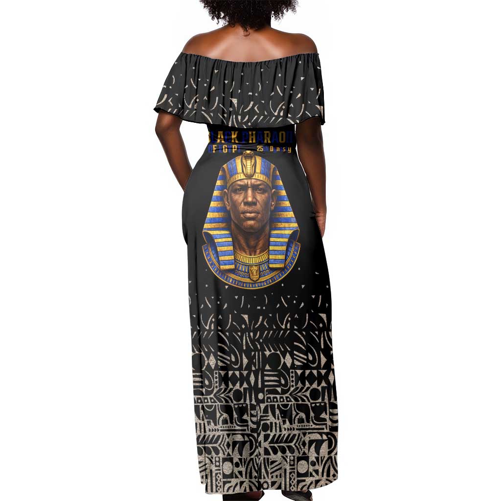Taharqa Off Shoulder Maxi Dress with Black Pharaoh Portrait, 25th Dynasty of Egypt Text and Nubian-Inspired - Wonder Print Shop