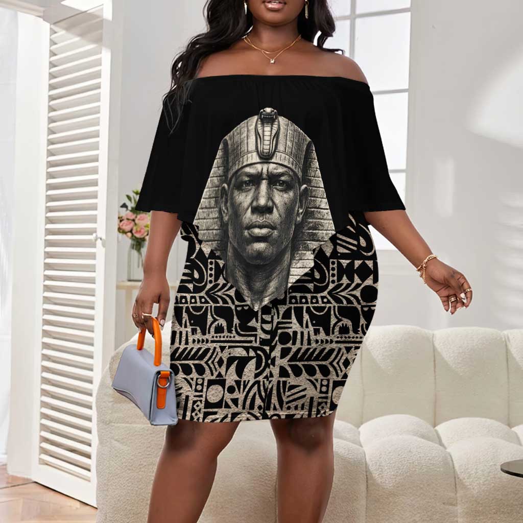 Taharqa Off Shoulder Short Dress with Black Pharaoh Portrait, 25th Dynasty of Egypt Text and Nubian-Inspired - Wonder Print Shop