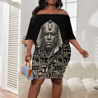 Taharqa Off Shoulder Short Dress with Black Pharaoh Portrait, 25th Dynasty of Egypt Text and Nubian-Inspired - Wonder Print Shop