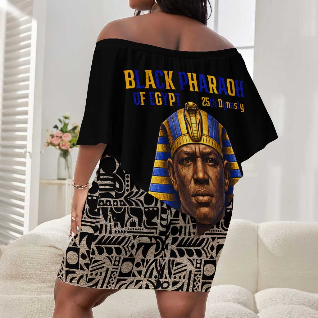 Taharqa Off Shoulder Short Dress with Black Pharaoh Portrait, 25th Dynasty of Egypt Text and Nubian-Inspired - Wonder Print Shop