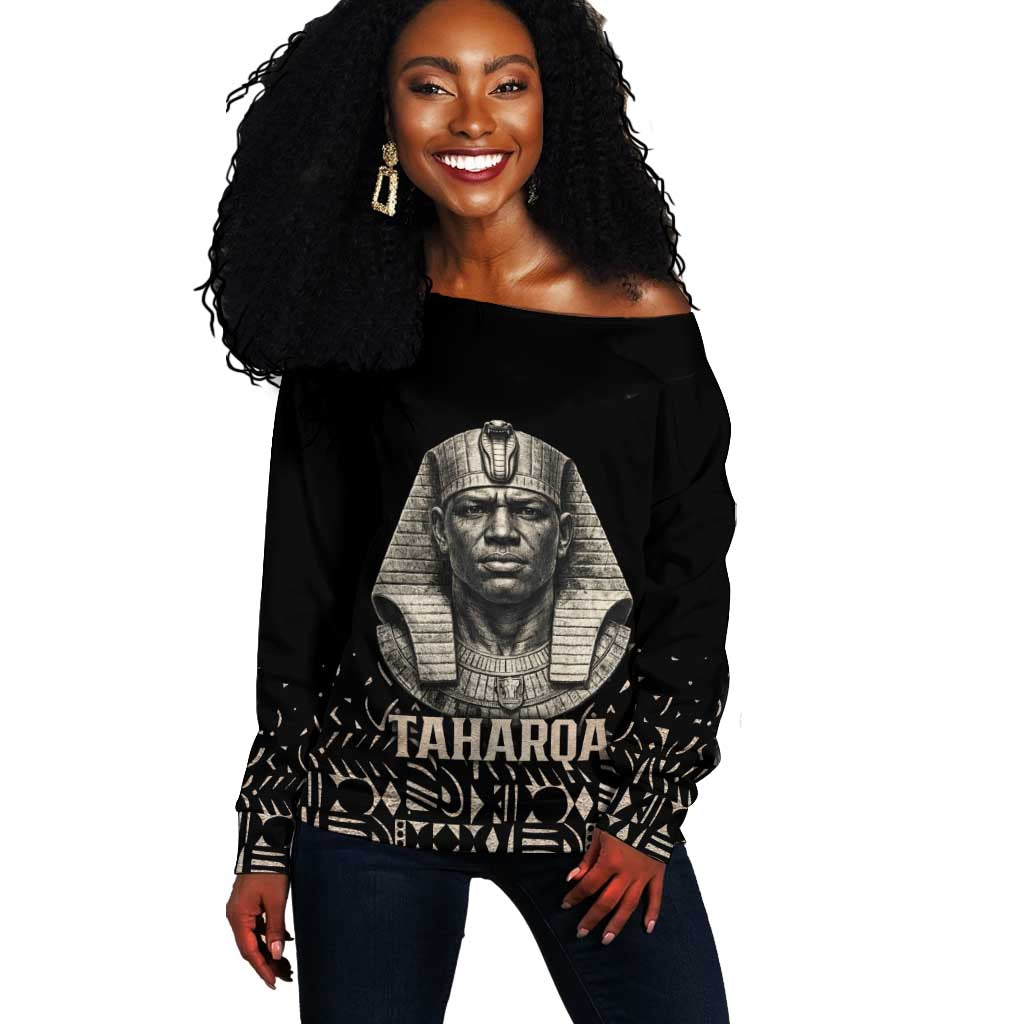 Taharqa Off Shoulder Sweater with Black Pharaoh Portrait, 25th Dynasty of Egypt Text and Nubian-Inspired - Wonder Print Shop