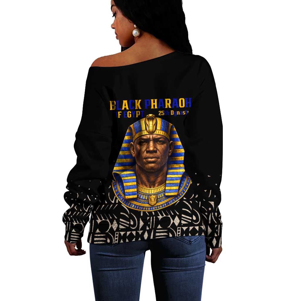 Taharqa Off Shoulder Sweater with Black Pharaoh Portrait, 25th Dynasty of Egypt Text and Nubian-Inspired - Wonder Print Shop