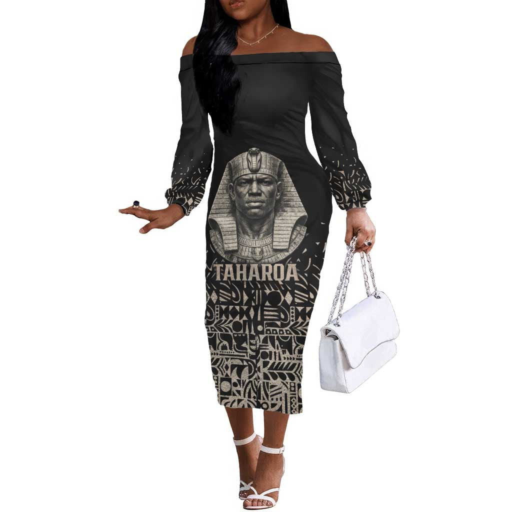 Taharqa Off The Shoulder Long Sleeve Dress with Black Pharaoh Portrait, 25th Dynasty of Egypt Text and Nubian-Inspired - Wonder Print Shop