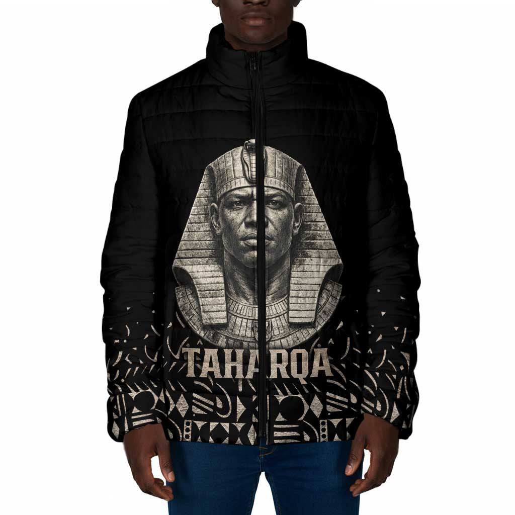 Taharqa Padded Jacket with Black Pharaoh Portrait, 25th Dynasty of Egypt Text and Nubian-Inspired - Wonder Print Shop