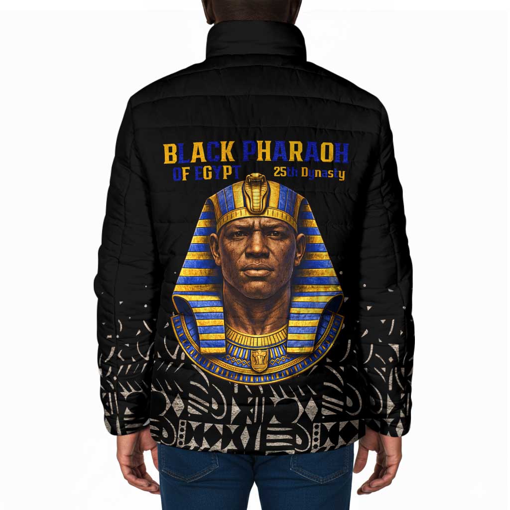 Taharqa Padded Jacket with Black Pharaoh Portrait, 25th Dynasty of Egypt Text and Nubian-Inspired - Wonder Print Shop