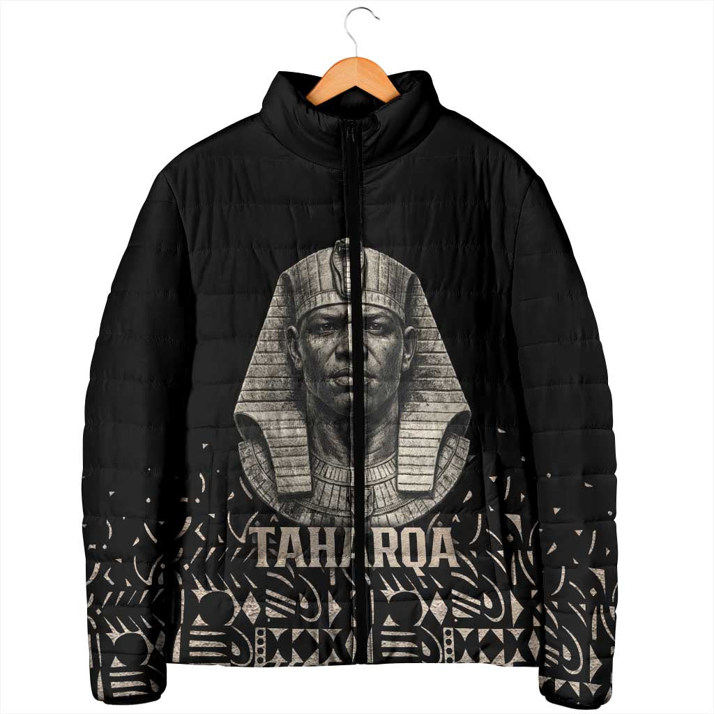 Taharqa Padded Jacket with Black Pharaoh Portrait, 25th Dynasty of Egypt Text and Nubian-Inspired - Wonder Print Shop