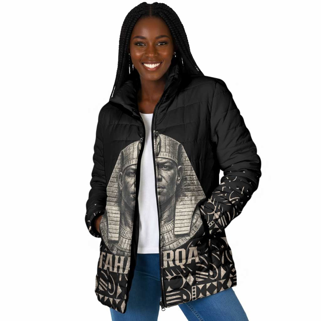 Taharqa Padded Jacket with Black Pharaoh Portrait, 25th Dynasty of Egypt Text and Nubian-Inspired - Wonder Print Shop