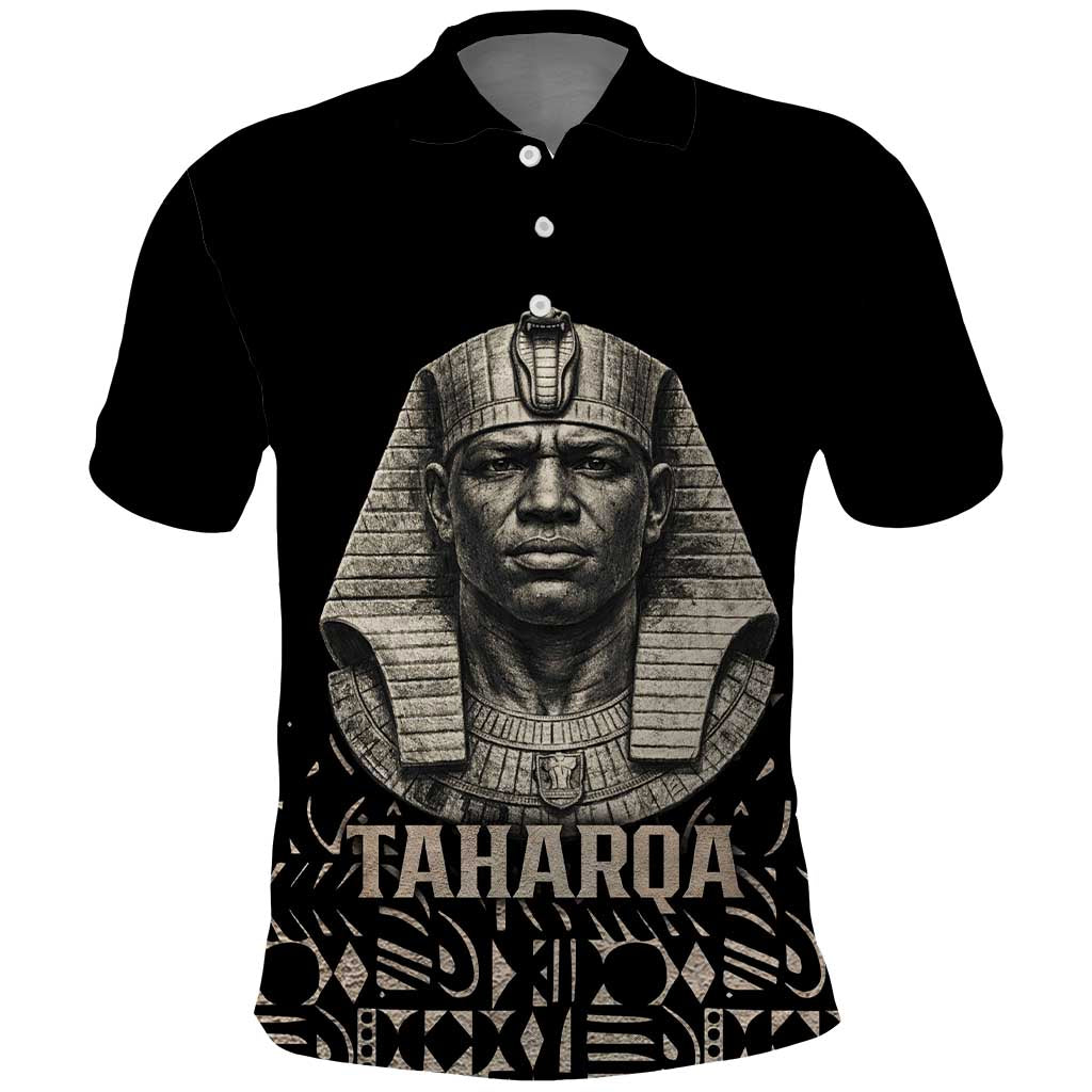 Taharqa Polo Shirt with Black Pharaoh Portrait, 25th Dynasty of Egypt Text and Nubian-Inspired - Wonder Print Shop