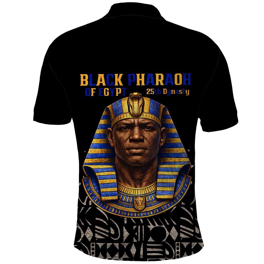 Taharqa Polo Shirt with Black Pharaoh Portrait, 25th Dynasty of Egypt Text and Nubian-Inspired - Wonder Print Shop