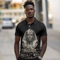 Taharqa Polo Shirt with Black Pharaoh Portrait, 25th Dynasty of Egypt Text and Nubian-Inspired - Wonder Print Shop