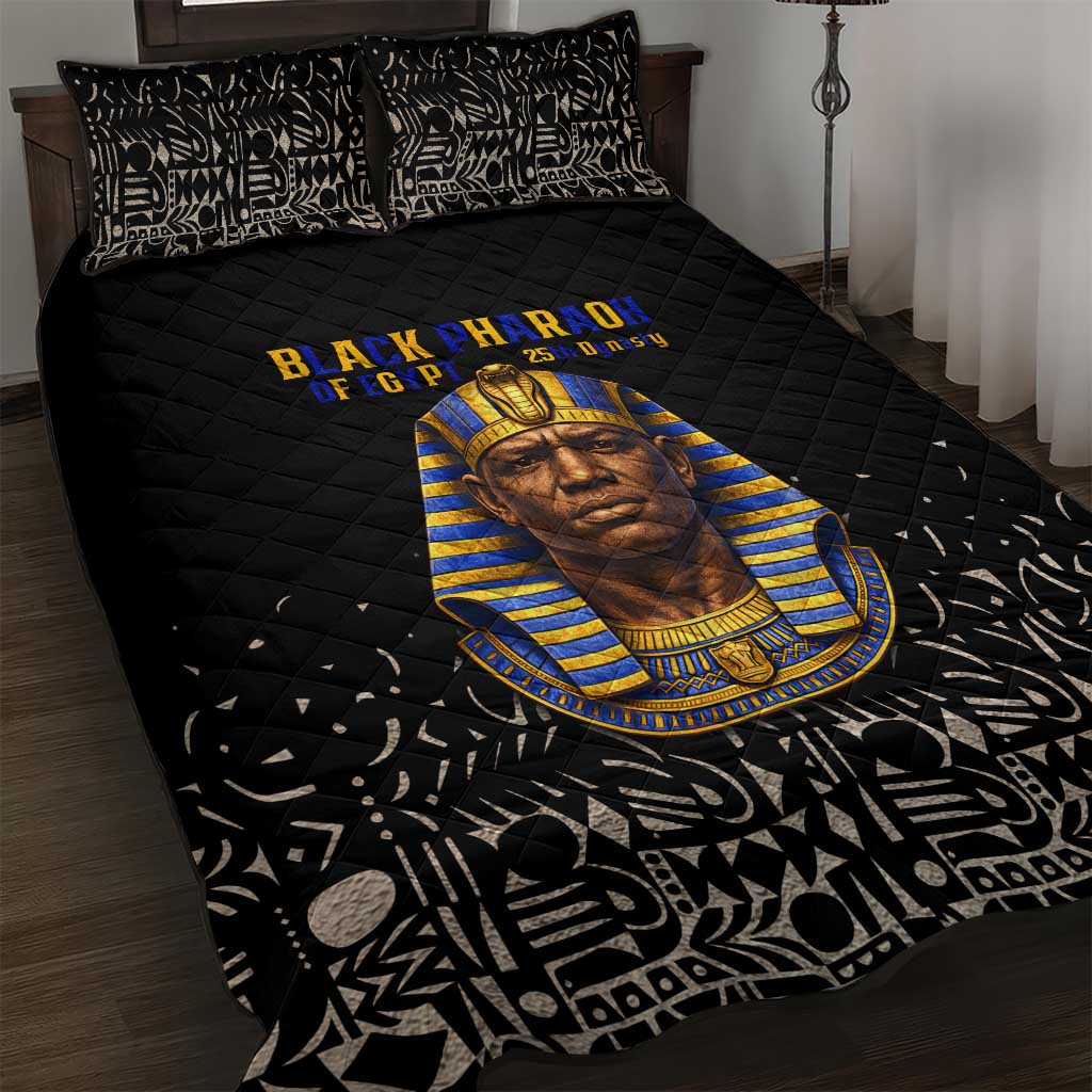 Taharqa Quilt Bed Set with Black Pharaoh Portrait, 25th Dynasty of Egypt Text and Nubian-Inspired - Wonder Print Shop