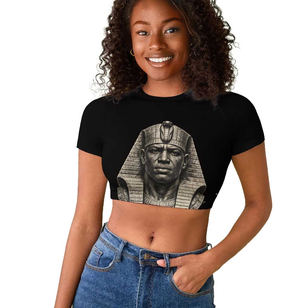 Taharqa Raglan Cropped T shirt with Black Pharaoh Portrait, 25th Dynasty of Egypt Text and Nubian-Inspired - Wonder Print Shop