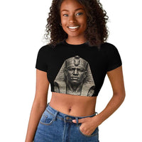 Taharqa Raglan Cropped T shirt with Black Pharaoh Portrait, 25th Dynasty of Egypt Text and Nubian-Inspired - Wonder Print Shop