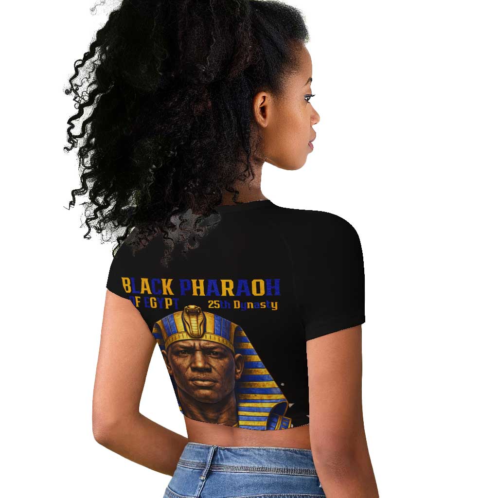 Taharqa Raglan Cropped T shirt with Black Pharaoh Portrait, 25th Dynasty of Egypt Text and Nubian-Inspired - Wonder Print Shop