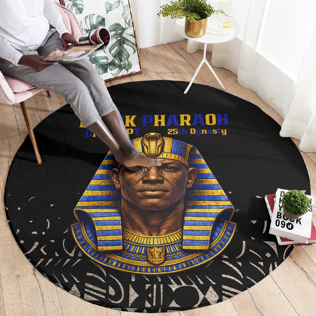 Taharqa Round Carpet with Black Pharaoh Portrait, 25th Dynasty of Egypt Text and Nubian-Inspired - Wonder Print Shop