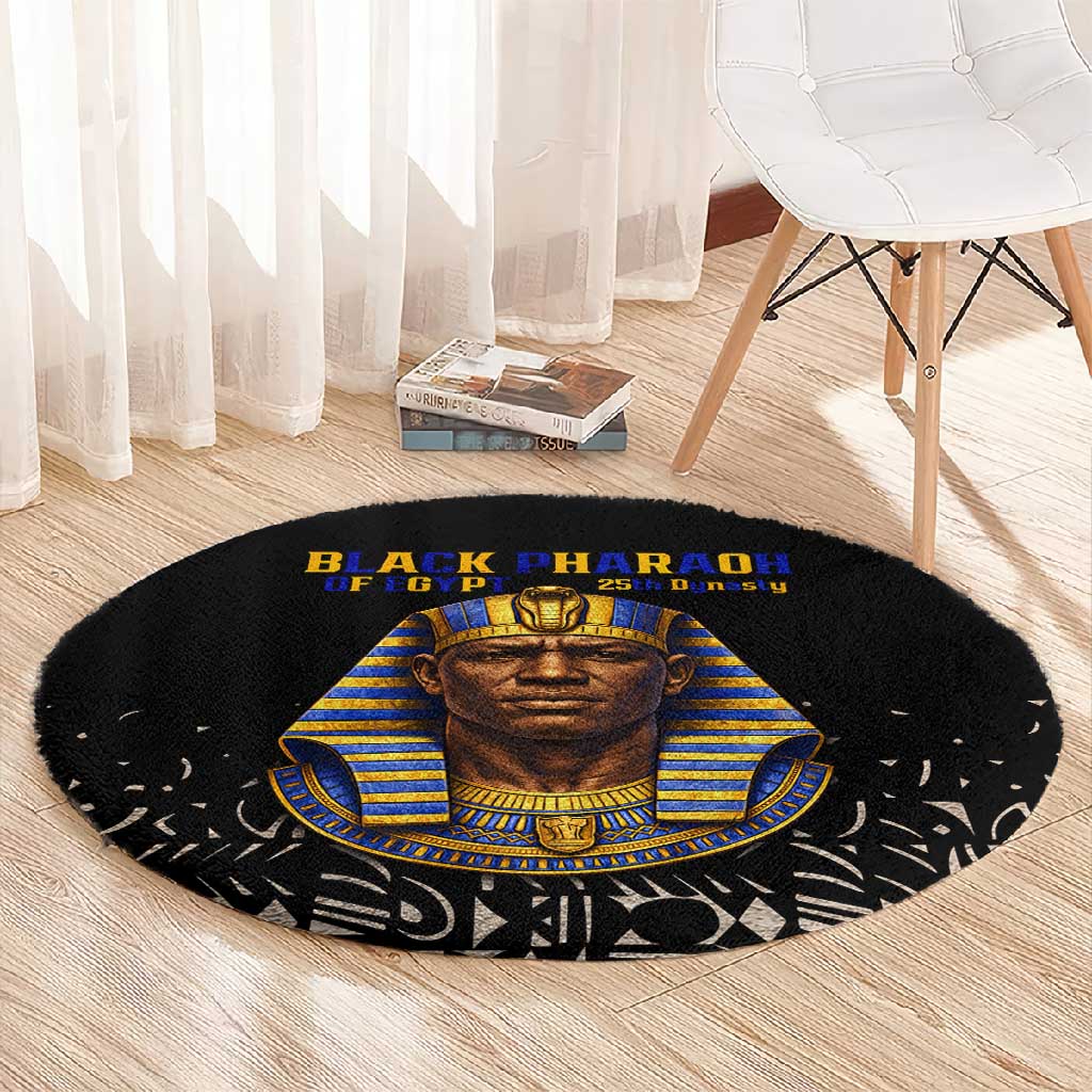 Taharqa Round Carpet with Black Pharaoh Portrait, 25th Dynasty of Egypt Text and Nubian-Inspired - Wonder Print Shop