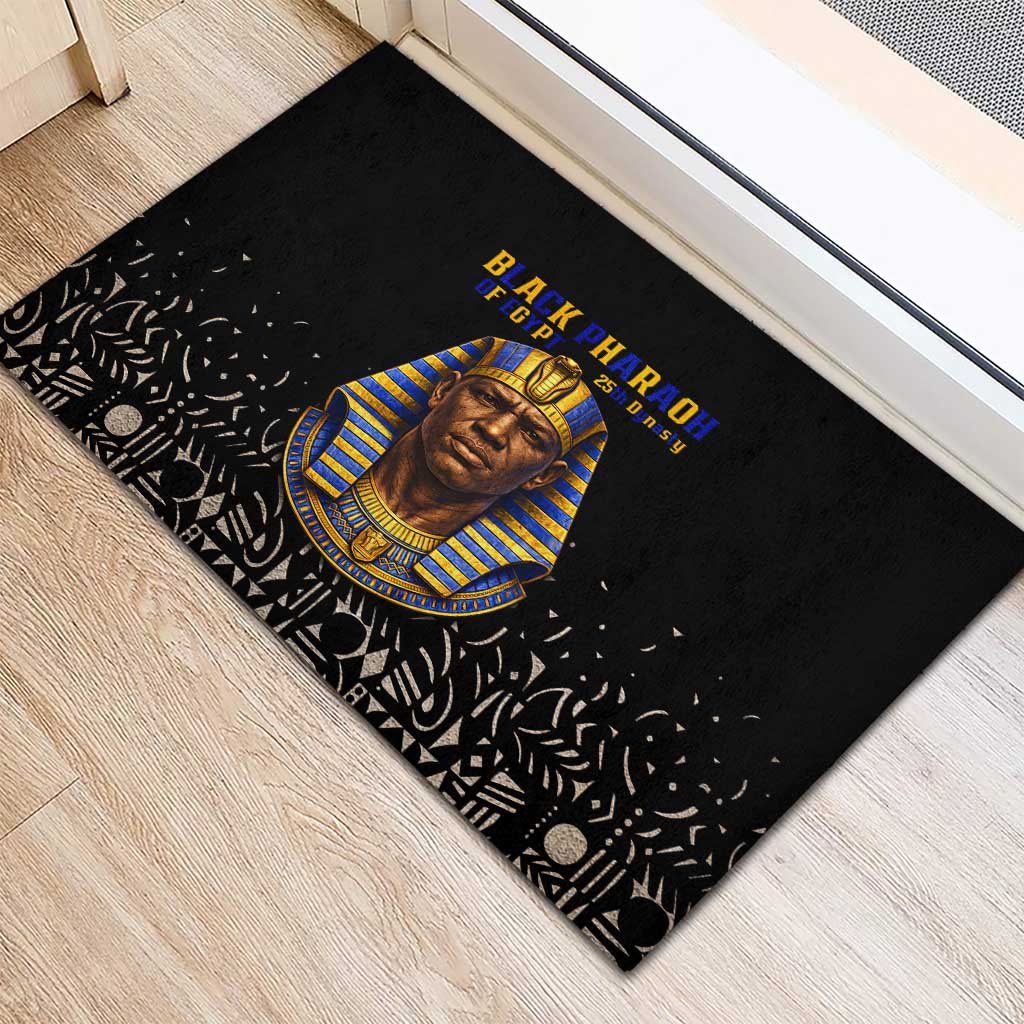 Taharqa Rubber Doormat with Black Pharaoh Portrait, 25th Dynasty of Egypt Text and Nubian-Inspired - Wonder Print Shop
