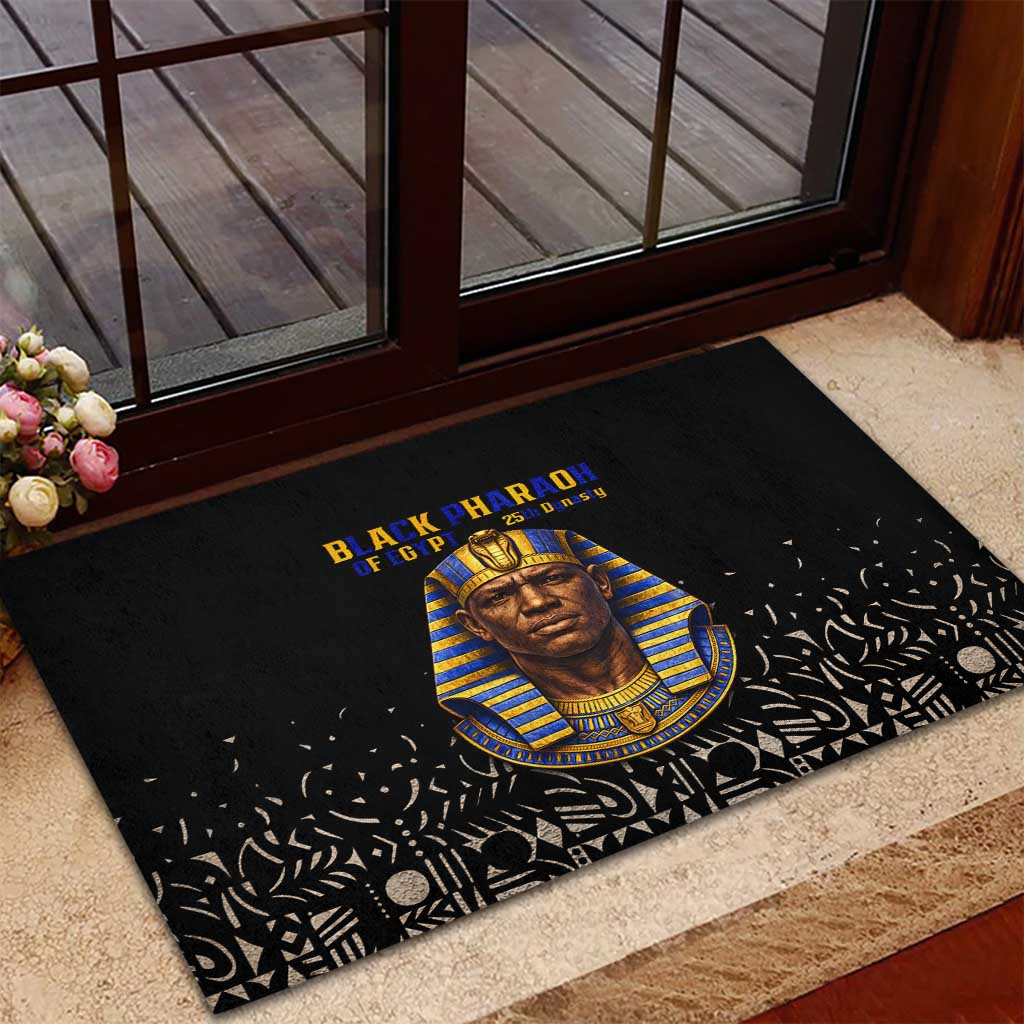Taharqa Rubber Doormat with Black Pharaoh Portrait, 25th Dynasty of Egypt Text and Nubian-Inspired - Wonder Print Shop