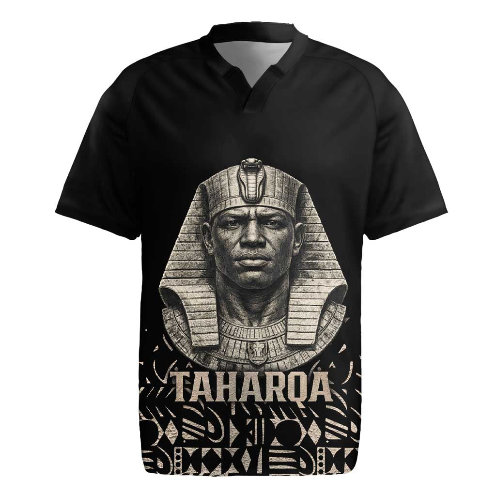 Taharqa Rugby Jersey with Black Pharaoh Portrait, 25th Dynasty of Egypt Text and Nubian-Inspired - Wonder Print Shop