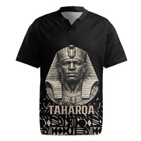 Taharqa Rugby Jersey with Black Pharaoh Portrait, 25th Dynasty of Egypt Text and Nubian-Inspired - Wonder Print Shop