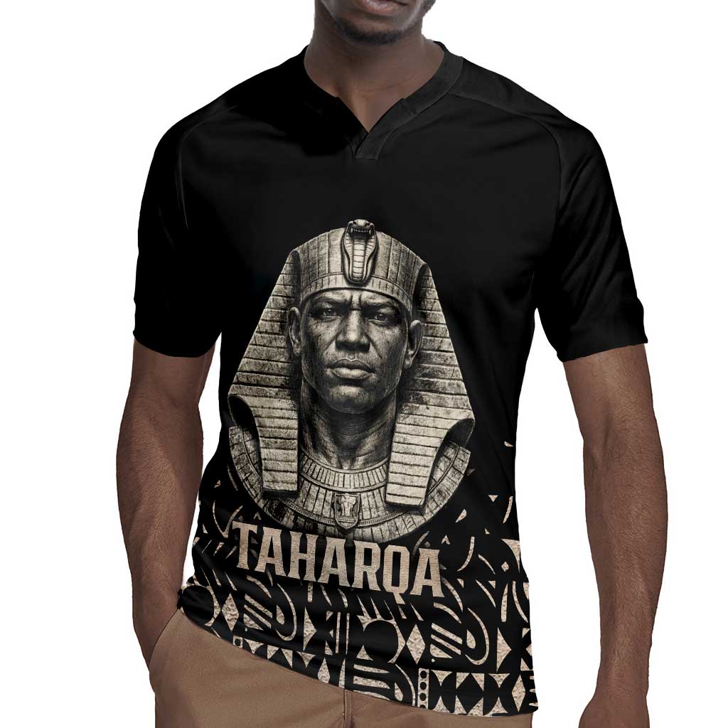 Taharqa Rugby Jersey with Black Pharaoh Portrait, 25th Dynasty of Egypt Text and Nubian-Inspired - Wonder Print Shop