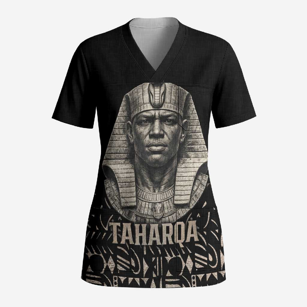 Taharqa Scrub Top with Black Pharaoh Portrait, 25th Dynasty of Egypt Text and Nubian-Inspired - Wonder Print Shop