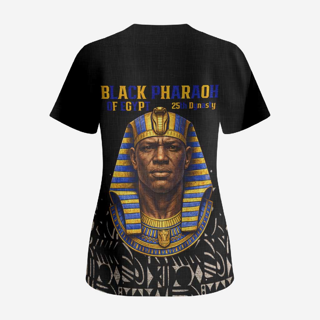 Taharqa Scrub Top with Black Pharaoh Portrait, 25th Dynasty of Egypt Text and Nubian-Inspired - Wonder Print Shop