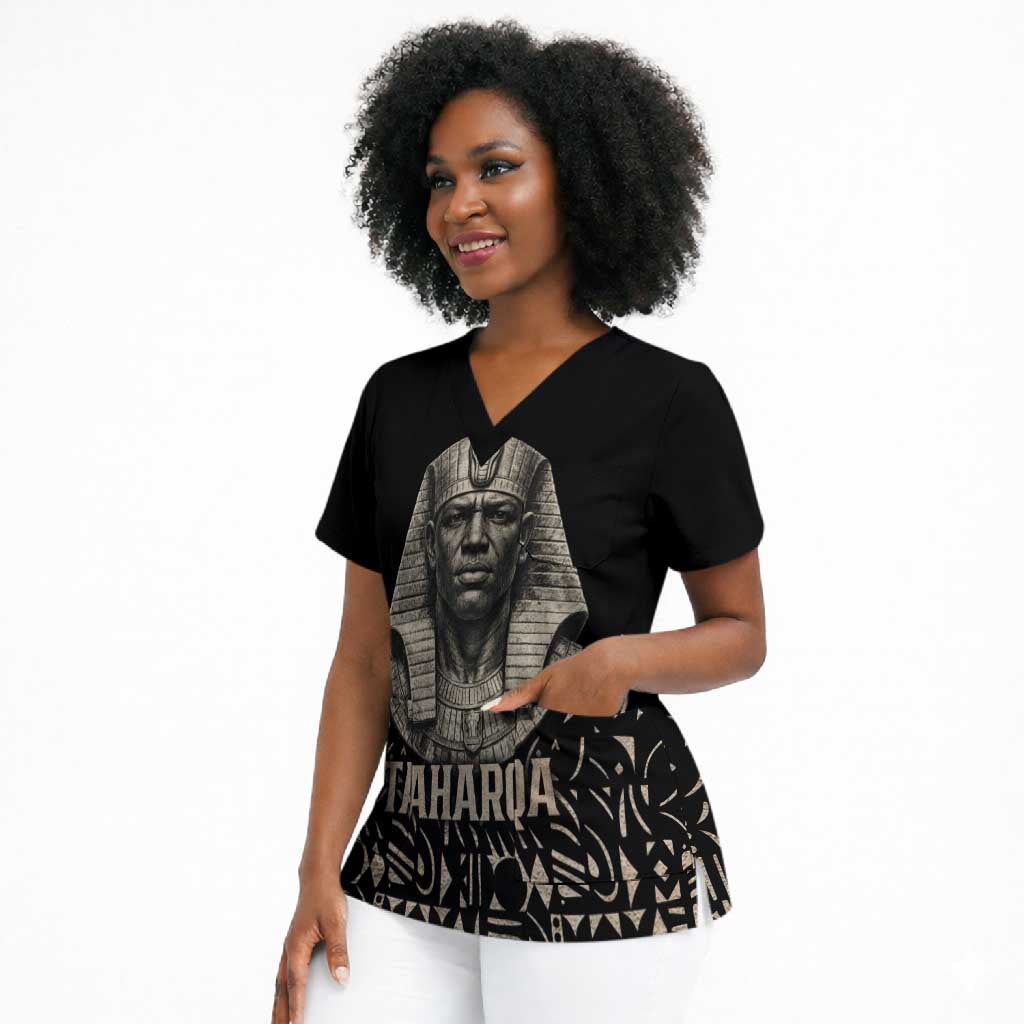 Taharqa Scrub Top with Black Pharaoh Portrait, 25th Dynasty of Egypt Text and Nubian-Inspired - Wonder Print Shop
