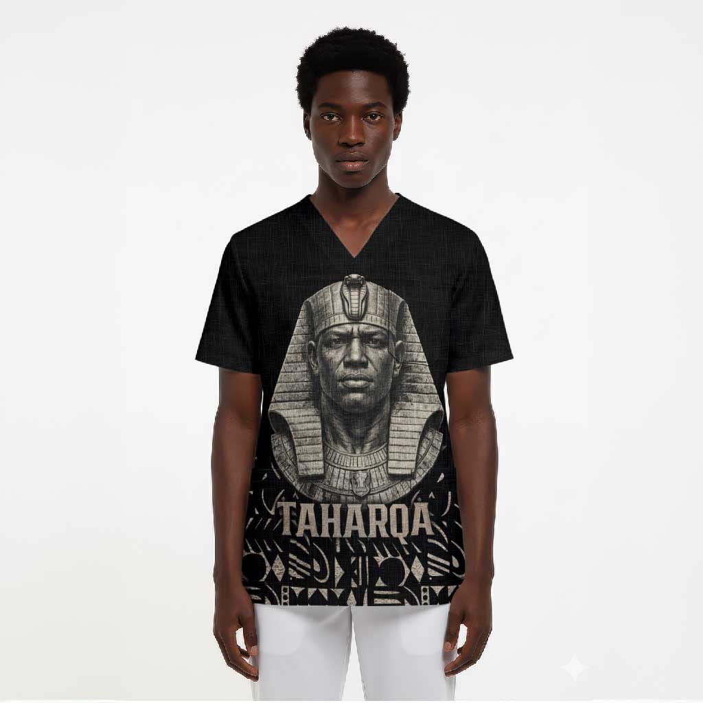 Taharqa Scrub Top with Black Pharaoh Portrait, 25th Dynasty of Egypt Text and Nubian-Inspired - Wonder Print Shop
