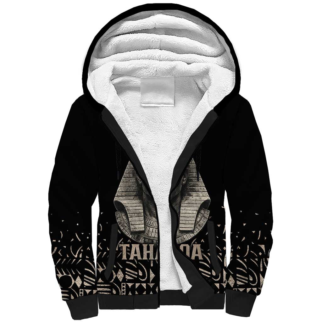 Taharqa Sherpa Hoodie with Black Pharaoh Portrait, 25th Dynasty of Egypt Text and Nubian-Inspired - Wonder Print Shop
