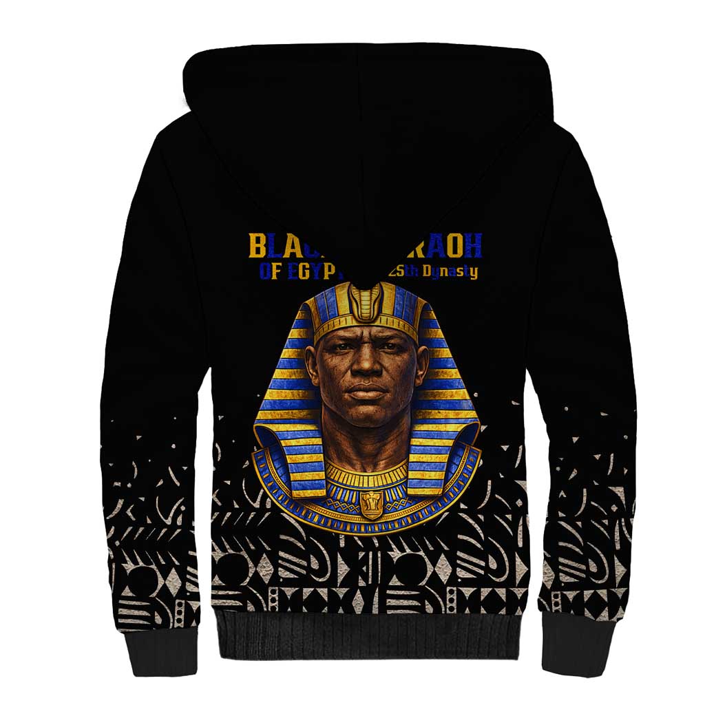 Taharqa Sherpa Hoodie with Black Pharaoh Portrait, 25th Dynasty of Egypt Text and Nubian-Inspired - Wonder Print Shop