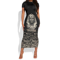 Taharqa Short Sleeve Bodycon Dress with Black Pharaoh Portrait, 25th Dynasty of Egypt Text and Nubian-Inspired - Wonder Print Shop