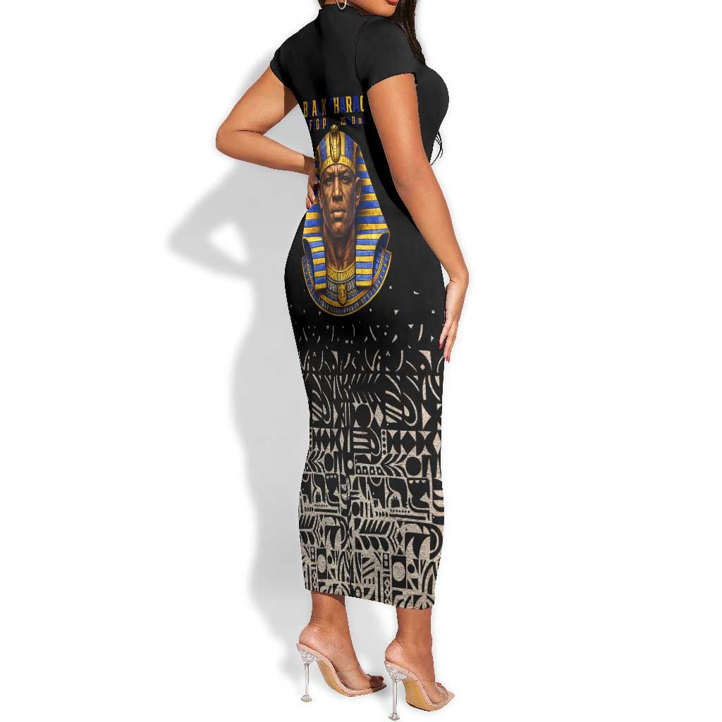 Taharqa Short Sleeve Bodycon Dress with Black Pharaoh Portrait, 25th Dynasty of Egypt Text and Nubian-Inspired - Wonder Print Shop