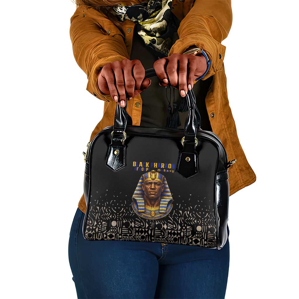 Taharqa Shoulder Handbag with Black Pharaoh Portrait, 25th Dynasty of Egypt Text and Nubian-Inspired - Wonder Print Shop