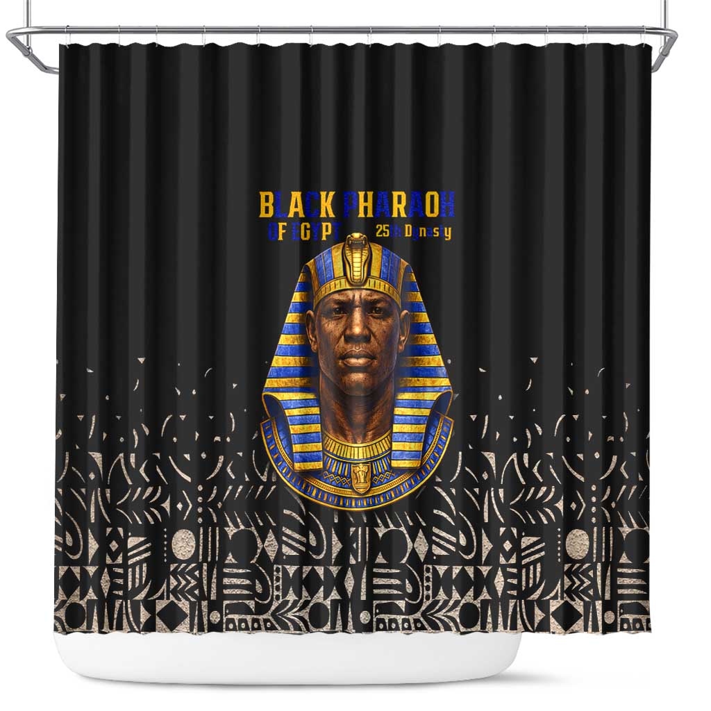 Taharqa Shower Curtain with Black Pharaoh Portrait, 25th Dynasty of Egypt Text and Nubian-Inspired - Wonder Print Shop