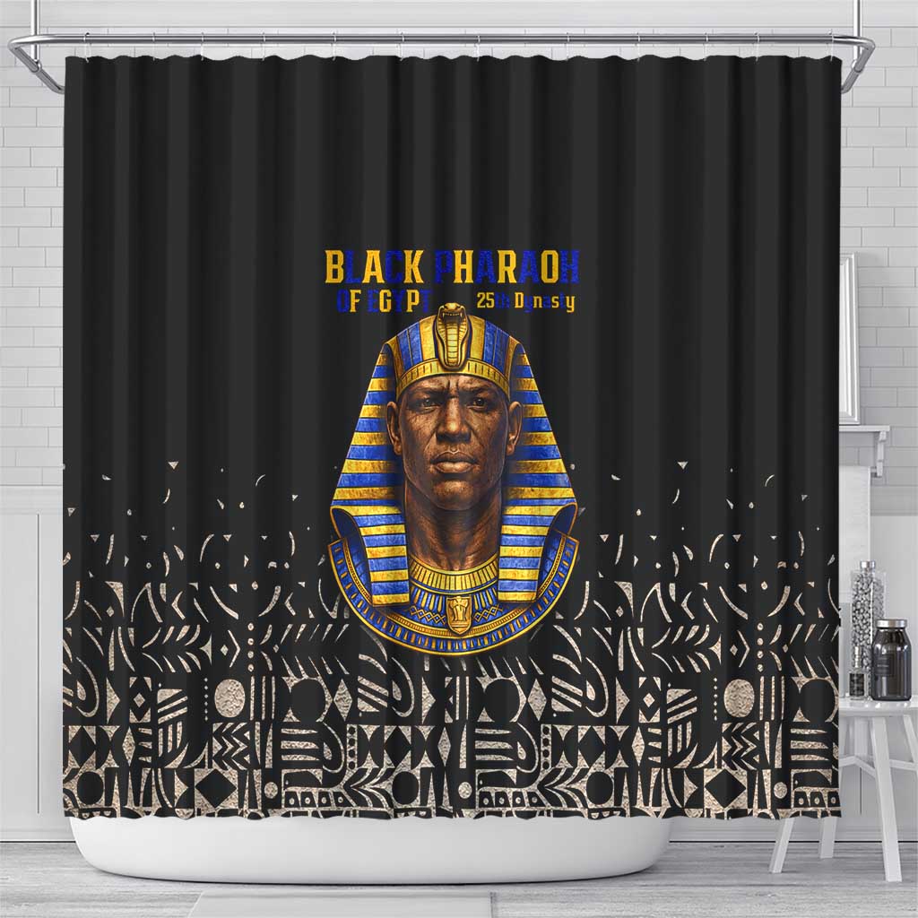 Taharqa Shower Curtain with Black Pharaoh Portrait, 25th Dynasty of Egypt Text and Nubian-Inspired - Wonder Print Shop