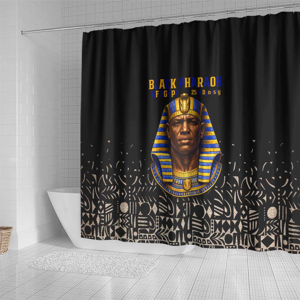 Taharqa Shower Curtain with Black Pharaoh Portrait, 25th Dynasty of Egypt Text and Nubian-Inspired - Wonder Print Shop