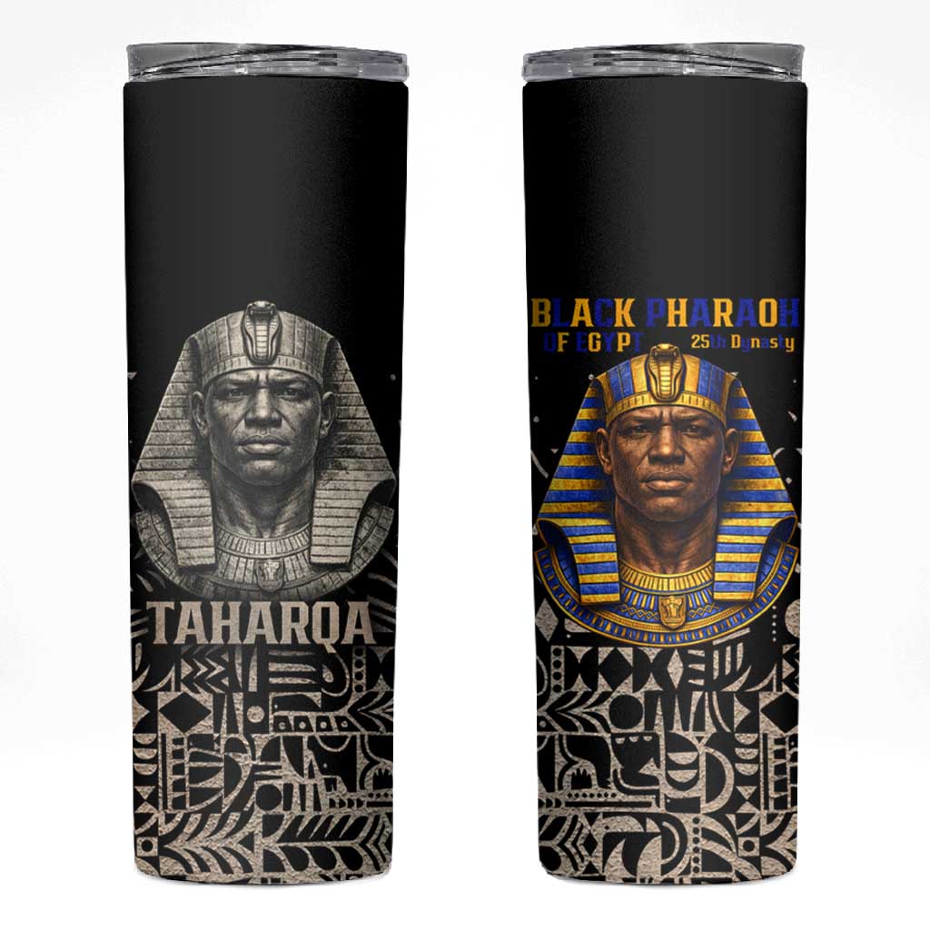 Taharqa Skinny Tumbler with Black Pharaoh Portrait, 25th Dynasty of Egypt Text and Nubian-Inspired - Wonder Print Shop