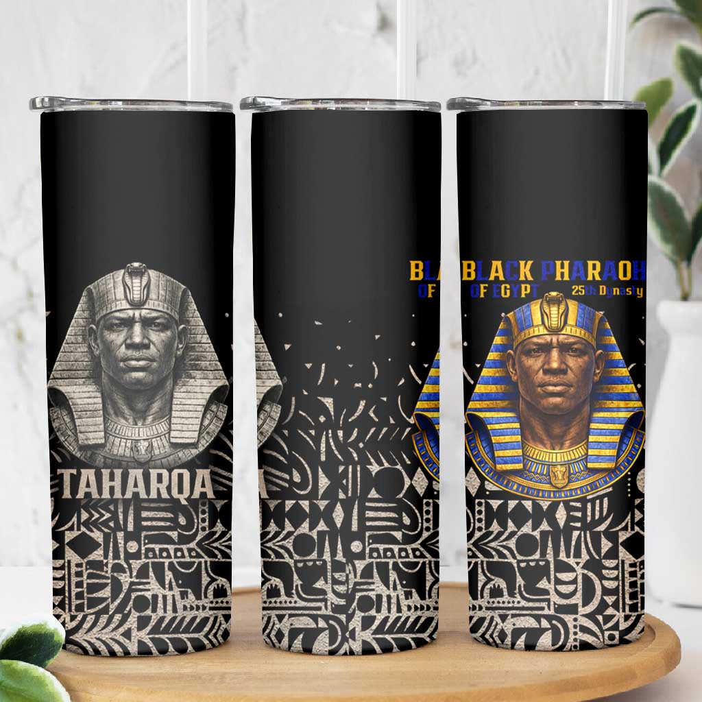 Taharqa Skinny Tumbler with Black Pharaoh Portrait, 25th Dynasty of Egypt Text and Nubian-Inspired - Wonder Print Shop