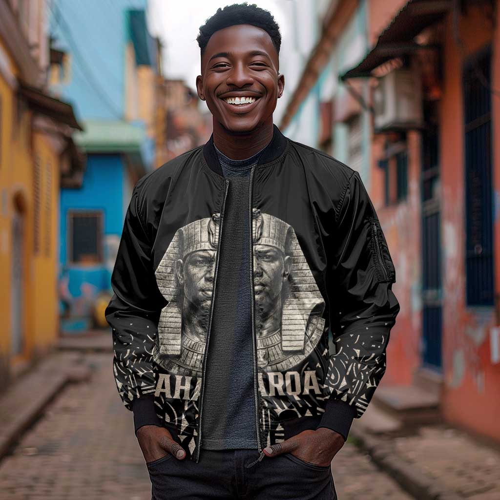 Taharqa Sleeve Zip Bomber Jacket with Black Pharaoh Portrait, 25th Dynasty of Egypt Text and Nubian-Inspired - Wonder Print Shop