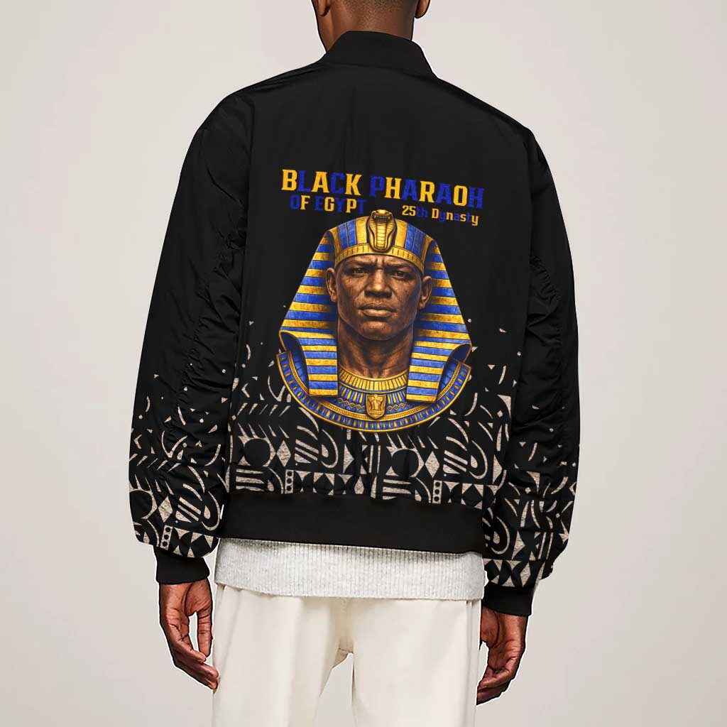 Taharqa Sleeve Zip Bomber Jacket with Black Pharaoh Portrait, 25th Dynasty of Egypt Text and Nubian-Inspired - Wonder Print Shop