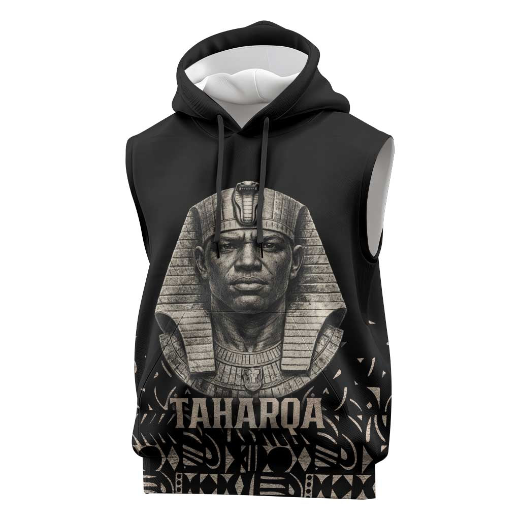 Taharqa Sleeveless Hoodie with Black Pharaoh Portrait, 25th Dynasty of Egypt Text and Nubian-Inspired - Wonder Print Shop
