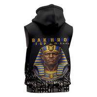 Taharqa Sleeveless Hoodie with Black Pharaoh Portrait, 25th Dynasty of Egypt Text and Nubian-Inspired - Wonder Print Shop