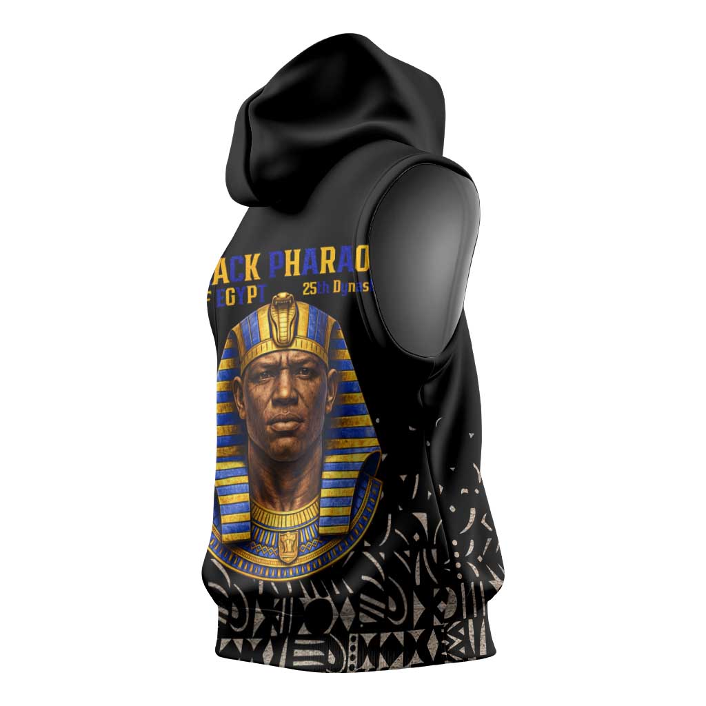 Taharqa Sleeveless Hoodie with Black Pharaoh Portrait, 25th Dynasty of Egypt Text and Nubian-Inspired - Wonder Print Shop