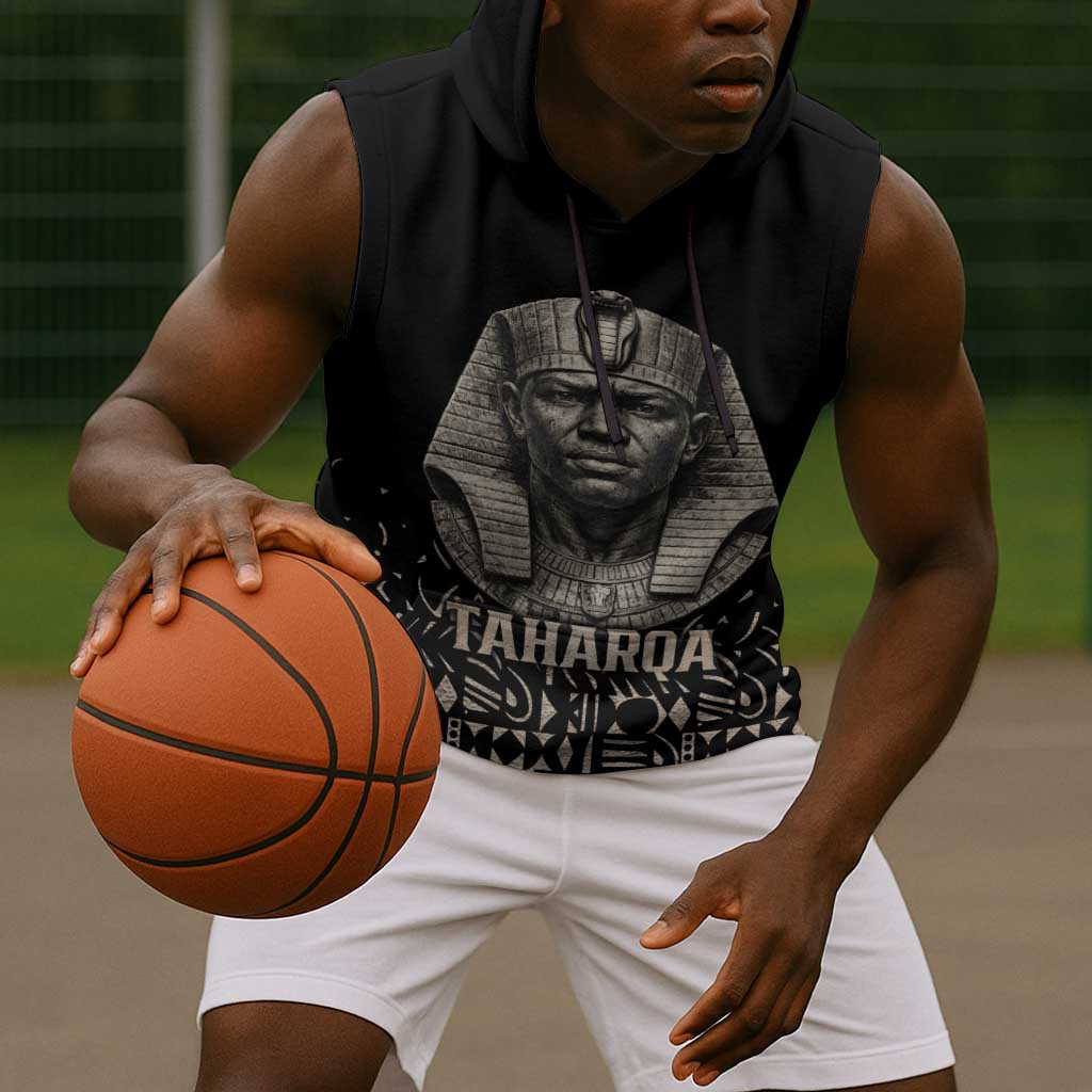 Taharqa Sleeveless Hoodie with Black Pharaoh Portrait, 25th Dynasty of Egypt Text and Nubian-Inspired - Wonder Print Shop