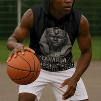 Taharqa Sleeveless Hoodie with Black Pharaoh Portrait, 25th Dynasty of Egypt Text and Nubian-Inspired - Wonder Print Shop